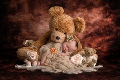 a baby is sleeping with several teddy bears around him on a brown background that looks like it has fallen asleep