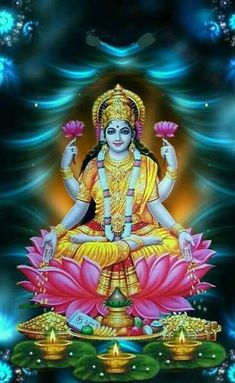 the god is sitting on top of a lotus in front of blue and yellow lights