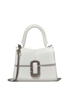 white calf leather logo plaque single top handle detachable chain-link shoulder strap foldover top clasp fastening main compartment internal slip pocket Mini Top Handle Bag, Compact Bag, Mini Top, Dolce E Gabbana, Purple Bags, Denim Bag, Handle Bag, White Bag, Leather Top