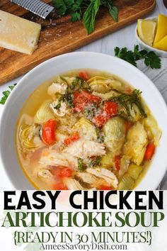 a bowl of chicken artichoke soup with fresh parmesan grated on top Chicken Artichoke Soup, Italian Artichoke, Chicken Artichoke, Soup With Chicken, Artichoke Soup, Artichoke Chicken, Italian Soup, Delicious Gluten Free Recipes, Low Carb Soup