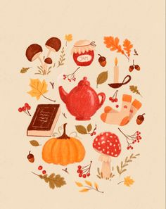 an illustration of autumn items arranged in a circle with leaves, mushrooms, and candles