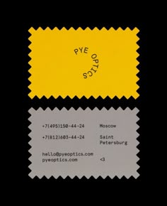 some yellow and grey business cards on a black background with the words pye solo