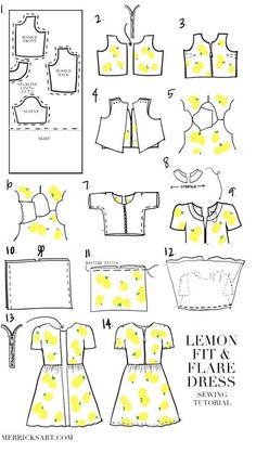 sewing pattern for a dress with yellow flowers on the front and back, as well as instructions