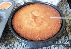 a cake in a pan sitting on top of a counter