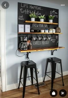 Coffee Corner Ideas In Living Room, Coffee Corner In Office, Floating Shelves Coffee Bar, Coffe Corners Ideas, Wall Coffee Bar, Home Coffee Bar Ideas, Bar Design Home, Bar Deco, Coin Café