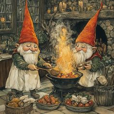 two gnomes cooking food in a large pot