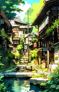 an anime scene with buildings and water in the foreground, surrounded by greenery