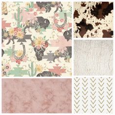 four different patterns and textures for wallpaper, including cow, cheetah, cactus