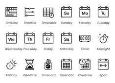 the calendar icon set is shown in black and white, with different times on it