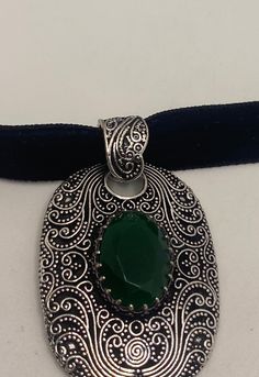 Very large ornate low content silver setting, Marker 925 but it is not. brilliant green emerald toned chrysoprase Over an inch long All jewelry is shipped in a nice gift box. Check out our over a THOUSAND great reviews Green Oval Pendant Necklace With Engraving, Green Oval Pendant Necklace Engraved, Formal Green Engraved Necklace, Antique Green Oval Jewelry, Antique Green Oval Pendant Necklace, Ornate Green Jewelry With Intricate Design, Green Emerald Necklace With Intricate Design, Handmade Silver Emerald Necklace, Ornate Green Jewelry For Formal Occasions