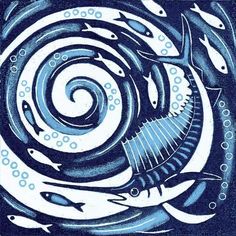 an image of some fish swimming in the ocean with swirls and bubbles on it