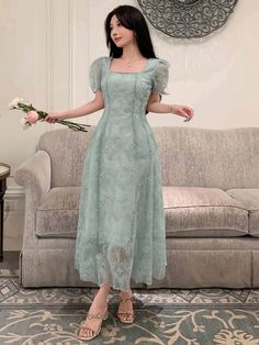 Minzgrün Elegant Collar Kurzärmelig Stoff Einfarbig A Linie Embellished Undehnbar Sommer Birthday Dresses Women, Elegant Birthday Dress For Women, Birthday Dresses Simple, Green Tea Dress, Dress Simple Elegant, Square Neckline Dress, Birthday Dress Women, Chiffon Dress Short, Gowns Dresses Elegant