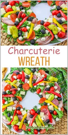 a wreath made out of vegetables and meats on a plate with the words charcuterie