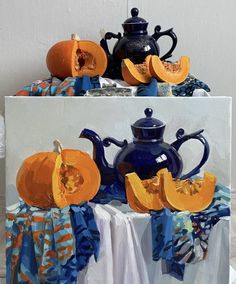 a painting of pumpkins and a teapot on a table with blue cloths