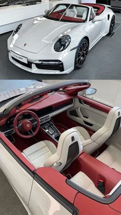 two pictures of the inside and outside of a white sports car with red leather seats