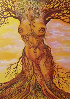 a painting of a tree with its roots spread out and the face of a woman