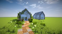 an image of a house in the middle of a field with flowers and plants around it