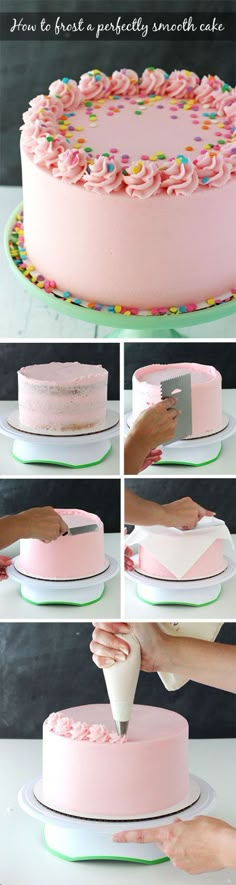 how to frost a pink cake with sprinkles and icing - step by step instructions