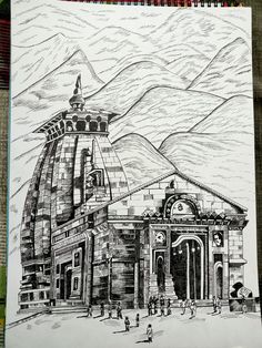 a drawing of a building with mountains in the background and people walking around outside it