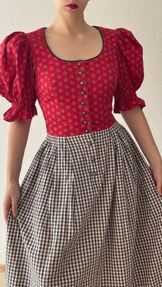 Vintage dress with puff sleeves | Retro Style | Austrian dirndl | Bavarian Tirol dress | size M Gorgeous Austrian dress, true vintage Tag Size: 40  Perfect fit for M Material: 100% cotton Measurements (laying flat): Shoulders: 36 cm / 14,1" Armpit to armpit: 45 cm / 17,2" Waist: 36 cm / 14,1" Length: 132 cm / 51,3" Good vintage condition (4/5) ★A small boutique with unique and niche styles. All items select with love and passion. I hope you'll enjoy the collection. ★ Vintage clothes may come with minor flaws due to pre-loved wear. But most importantly it is a one-of-a-kind piece with its own character. ★Please use low-temperature water and natural laundry detergent for washing your vintage garments. Don't bleach nor tumble dry. ♥Thanks for visiting!♥ Vintage Plaid Dress Retro, Retro Plaid Mini Dress, Vintage Plaid Dress With Button Closure, Checkered Dress, Retro Mode, Retro Stil, True Vintage, Style Retro, Vintage Tags