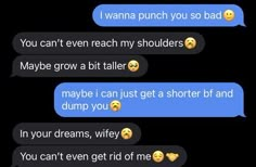 two texts that say, i wanna punch you so bad they can't even reach my shoulders maybe grow a bit taller