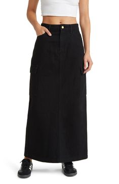 SOMETHING NEW Denim Maxi Skirt | Nordstrom Black Denim Maxi Skirt, Denim Maxi Skirt Outfit, Outfit Info, Denim Skirt Fashion, Utility Skirt, Parisian Women, Long Denim Skirt, Maxi Skirt Outfits, Slip Skirts