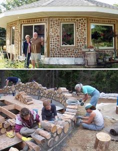 two pictures side by side with people working in the yard and one is building a house out of logs