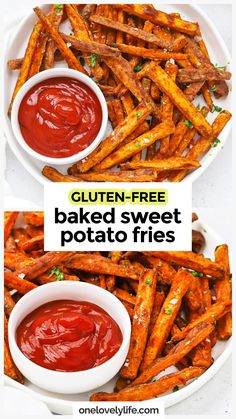 baked sweet potato fries with ketchup on the side and text overlay reading gluten - free baked sweet potato fries