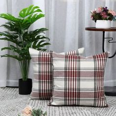 two plaid pillows sitting on top of a rug next to a potted plant in front of a window