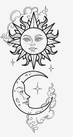 Sun And Moon Drawing Paintings, Sun And Moon Tattoo Drawing, Sun And Moon Outline, Sun And Moon Paintings, Sun And Moon Stencil, Wiccan Drawings, Sun And Moon Tattoo Stencil, Sun And Moon Sketch, Witchy Drawings Simple