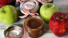 apples and canned caramel sit next to each other