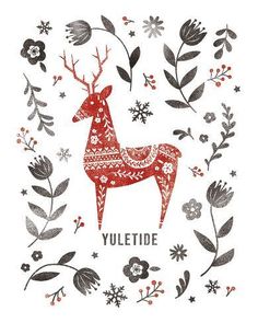 a red deer surrounded by flowers and leaves with the words yuletide written on it