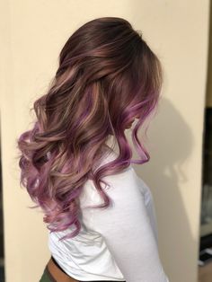 Hair Color Ideas Light Purple, Brown And Purple Hair Highlights, Brown Hair With Colored Extensions, Brunette Hair Color With Purple Highlights, Purple Hair With Light Brown, Dyed Hair For Brunettes Purple, Purple Hair Light Brown, Purple In Brunette Hair, Dyed Hair For Light Brown Hair