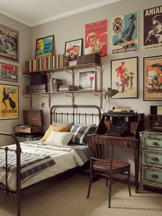 a bedroom with posters on the wall and an old fashioned bed in front of it