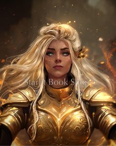 a woman with blonde hair and gold armor