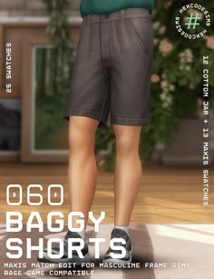 an image of a man in shorts with his foot on the floor and text below him that says baggy shorts