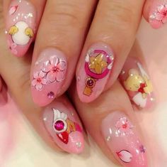 Sakura Nails, Cartoon Nail Designs, Kids Nail Designs, Nails Inspired, Anime Nails, Goth Nails, Inspired Nails, Sakura Card Captor