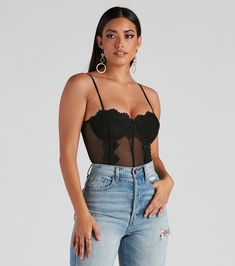 Create a dreamy-chic look in this sultry bustier bodysuit that was made for a night out! It features a sleeveless sweetheart neckline with padded cups, adjustable spaghetti straps for a customized fit, crochet panel detailing, a fitted, corset-style bodice, and a thong-cut bottom. Complete the outfit with  and strappy heels. Fit & Features Sleeveless sweetheart neckline, built-in padded cups Adjustable spaghetti straps Crochet panel detailing, crochet trim at the bust Corset-style bodice, th Crochet Bustier, Fitted Corset, Mesh Crochet, Crochet Panel, Green Prom Dress, Pink Prom Dresses