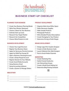 the handmade business checklist is shown in pink and blue with white writing on it