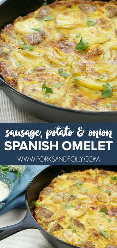 sausage, potato and onion spanish omelet in a cast iron skillet