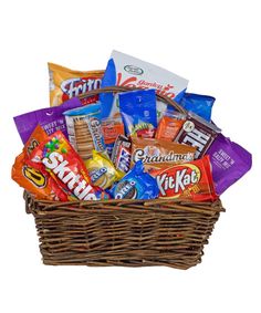 a basket filled with candy and snacks