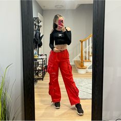 Spider Top, Worn With The Red Cargo Pants As An Outfit. Could Be Purchased Together. In A Perfect Condition, Brand New, Never Been Worn. Black Baggy Outfit, Red Cargo Pants Outfit, Red Concert Outfit, Black And Red Outfit, Red Cargo Pants, Red Tube Top, Black One Shoulder Top, Beach Crop Tops