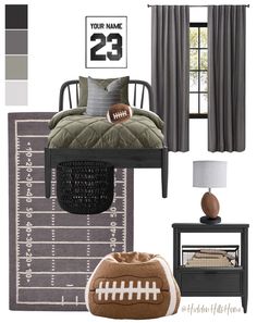 a football themed bedroom is shown in gray and green