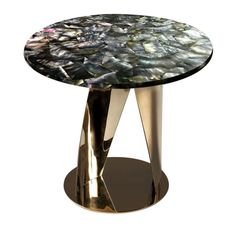 a round table with a metal base and a black marble design on the top, against a white background