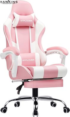 a pink and white office chair with wheels