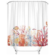 a shower curtain with corals and sea animals on it