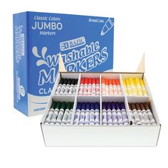 a box of jumbo watercolors with the contents in it