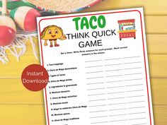 a printable taco think quick game for kids to play on the table with mexican food