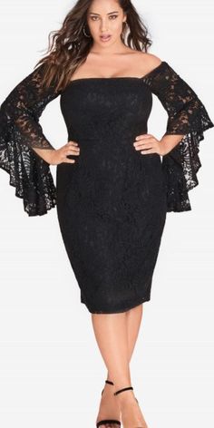 This dramatic, glam & elegant Mystic Lace Dress is a must have statement style from the Chic Boutique City Chic Plus Size Collection. 4 colors available,  Perfect for wedding outfit, date night, and the Christmas party season. #ad #plussizecurvy #lbd  #partydress #specialoccasiondress Flare Black Dress, Black Mystic, Black Bell Sleeve Dress, Lace Bell Sleeve Dress, Tramp Stamp, Lace Dress Black, Bell Sleeve Dress, Curvy Outfits