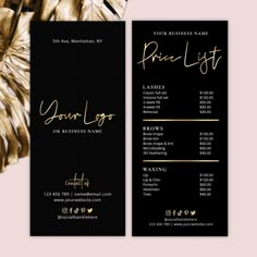 a black and gold business card on a pink background with golden foil leaves in the corner